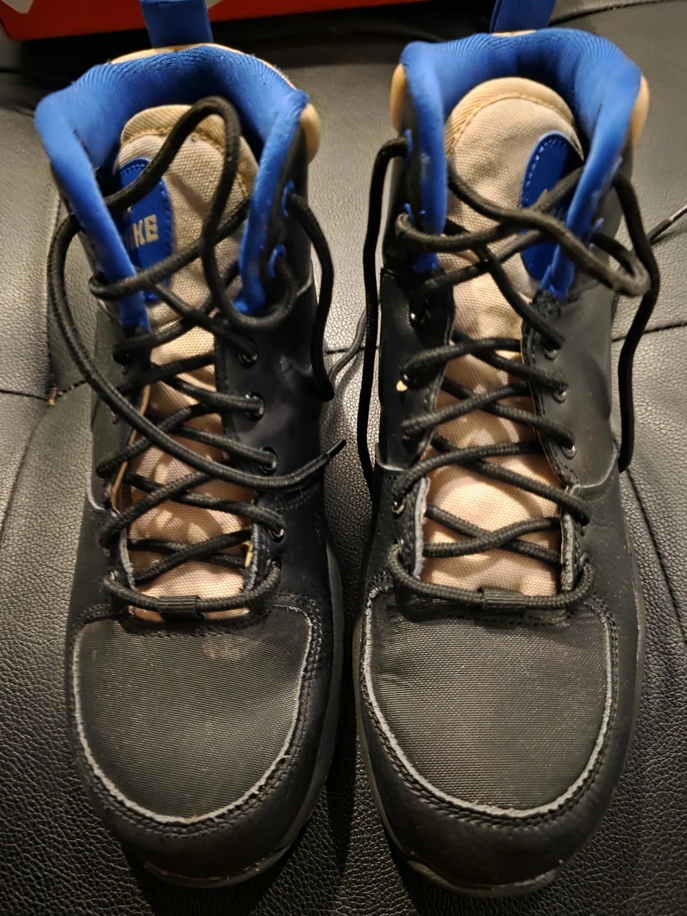 Boy's Nike Black High-Top Leather Boots with Blue And Tan Accents